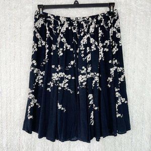 Bila Boho Flare Skirt Womens MEDIUM Black Ivory Floral Knee Length Stretch Waist